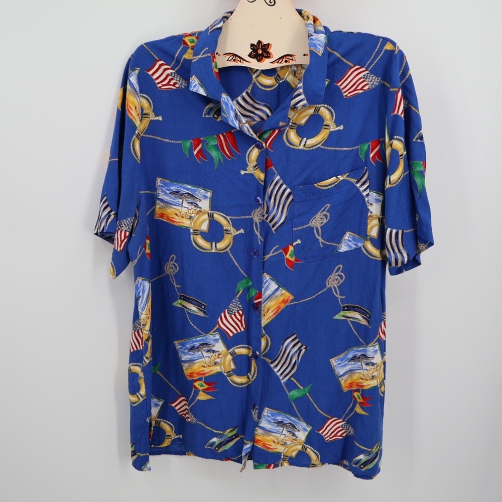 Vintage 90s Alfred Dunner‎ Nautical Camp Shirt Size 16W Coastal Grandma Beach